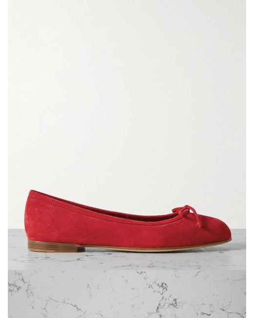 Manolo Blahnik Red Veralli Bow-Detailed Suede Ballet Flats