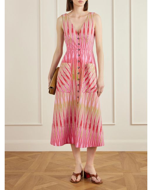 Saloni Pink Zoey Printed Cotton-Poplin Midi Dress