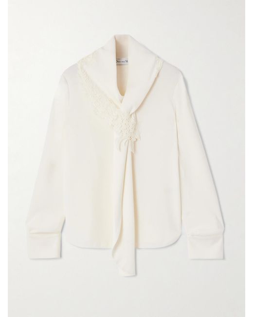 Oscar de la Renta Natural Tie-Detailed Lace-Trimmed Silk-Blend Georgette Blouse