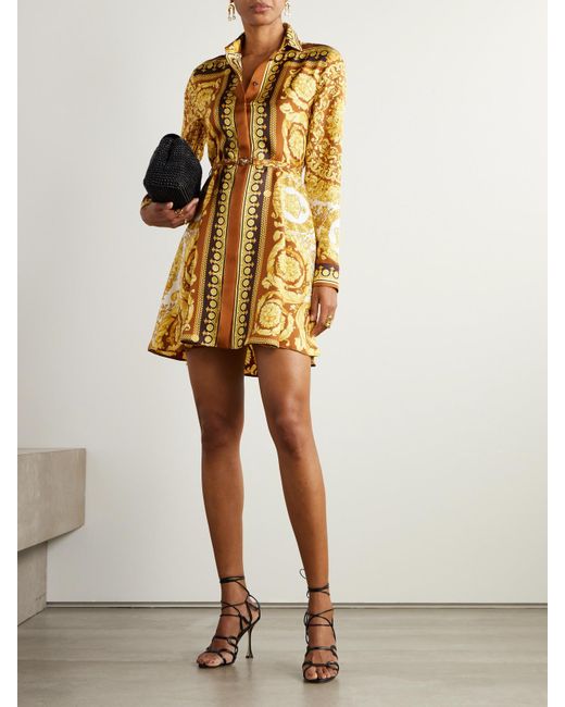 Versace Metallic Minikleid Aus Bedrucktem Seiden-Twill Mit Gürtel