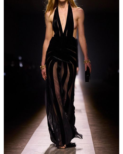 Tom Ford Black Cutout Tulle-Trimmed Velvet Halterneck Gown