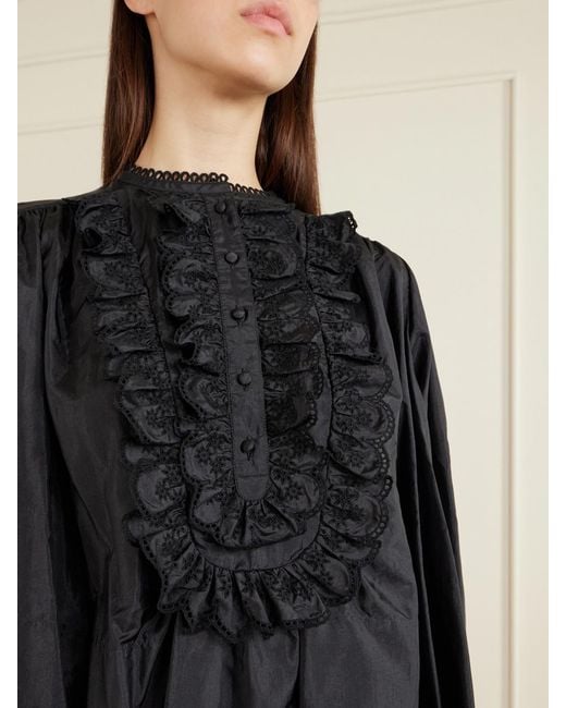 Chloé Black Ruffled Broderie Anglaise-Trimmed Taffeta Blouse