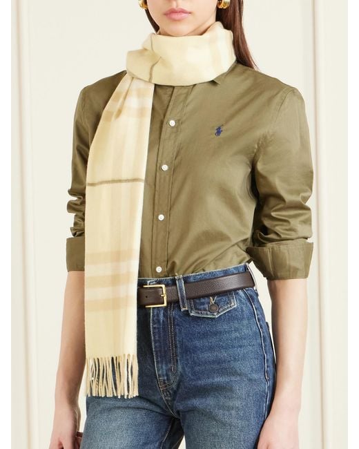 Burberry Natural Fringed Checked Cashmere Scarf