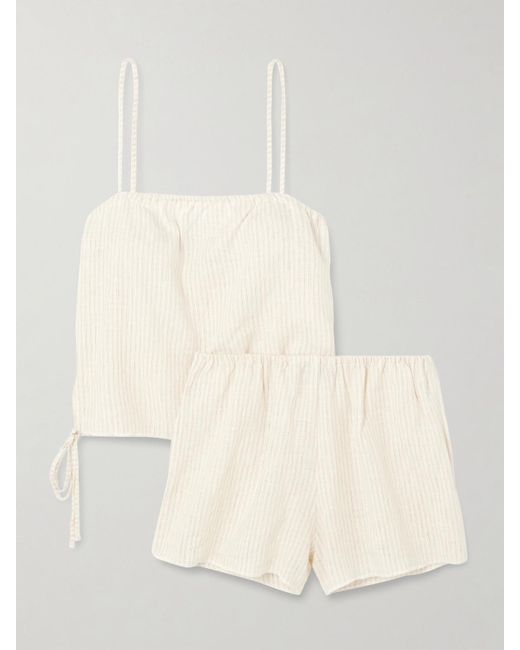Deiji Studios Natural Babylock Pyjama Aus Gestreiftem Leinen Mit Schleifen