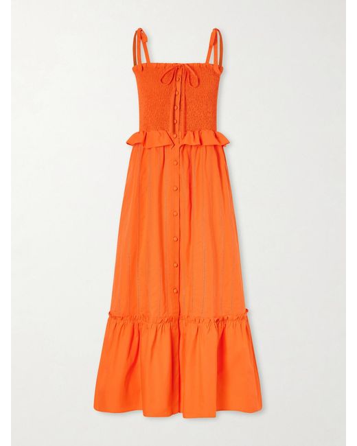 Loretta Caponi Orange Alberica Ruffled Tiered Shirred Cotton-Poplin Midi Dress