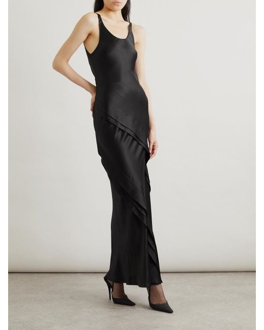 Saint Laurent Black Asymmetric Tiered Silk-Satin Maxi Dress