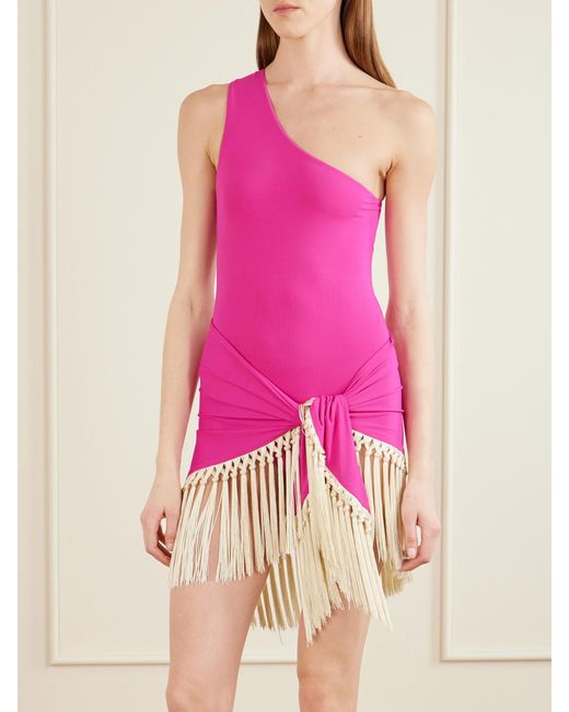 Taller Marmo Pink Yacare Fringed One-Shoulder Swimsuit