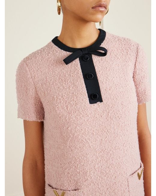 Valentino Garavani Pink Bow-Detailed Embellished Wool-Blend Bouclé Mini Dress
