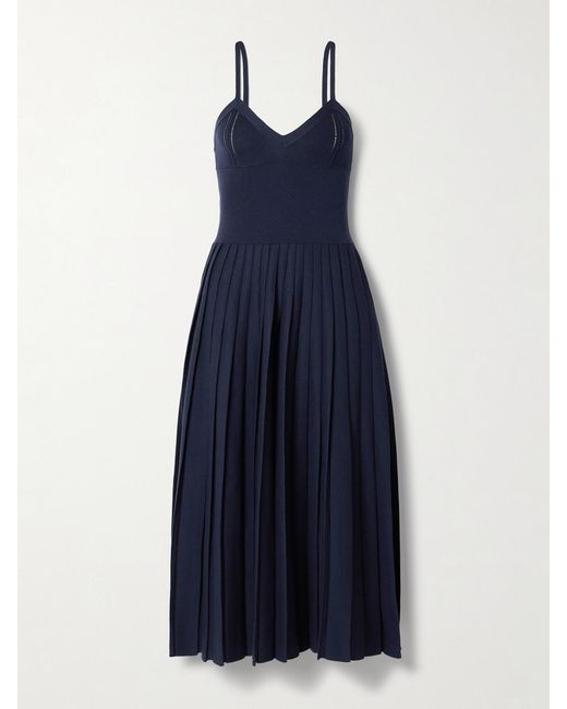 Khaite Blue Elio Pleated Pointelle-Trimmed Wool-Blend Midi Dress