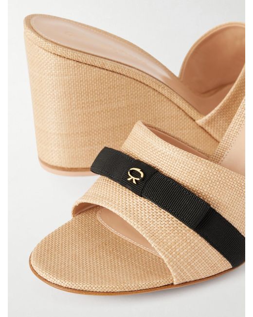 Gianvito Rossi Natural 85 Grosgrain-Trimmed Raffia Wedge Mules