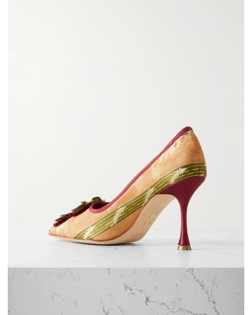 Manolo Blahnik White Montmedy 90 Appliquéd Embroidered Striped Satin Pumps