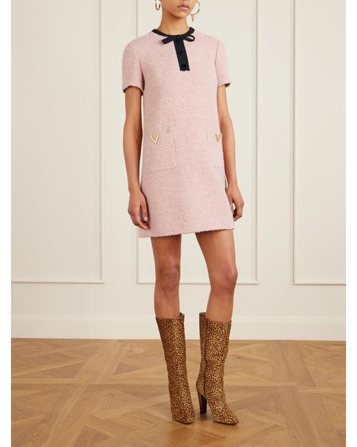 Valentino Garavani Pink Bow-Detailed Embellished Wool-Blend Bouclé Mini Dress