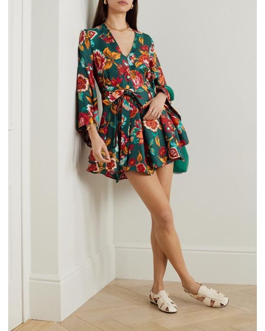 LaDoubleJ Multicolor Magnifico Belted Floral-Print Silk-Twill Mini Dress