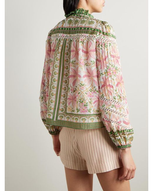 Farm Rio Pink Crochet-Trimmed Pintucked Printed Cotton-Voile Blouse