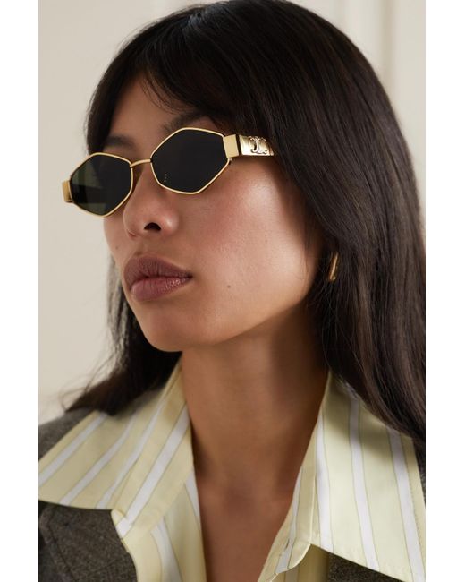 Celine Triomphe Hexagon-frame Gold-tone And Tortoiseshell Acetate Sunglasses  in Metallic | Lyst UK