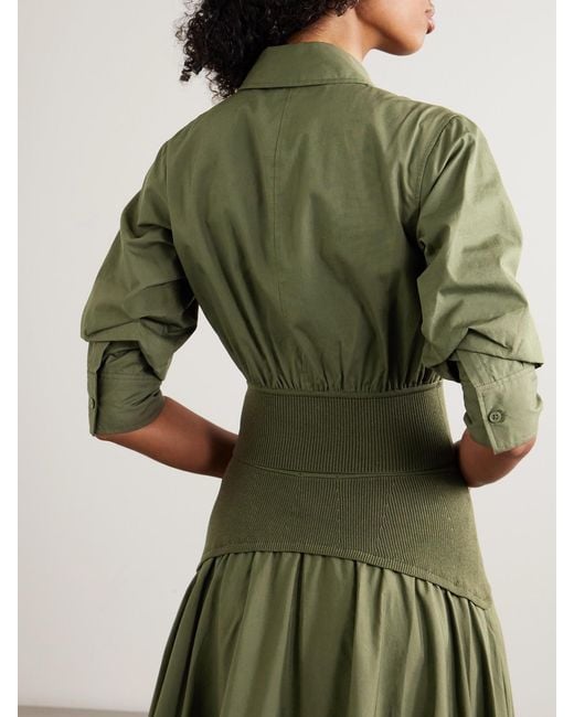 Jonathan Simkhai Green Stiles Cropped Gathered Ribbed-Knit Trimmed Cotton-Poplin Shirt