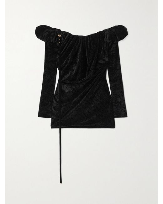 Jacquemus Black Off-The-Shoulder Embellished Stretch-Velour Mini Dress