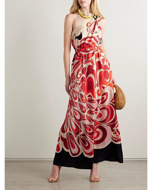LaDoubleJ Red Roy One-Shoulder Printed Silk-Twill Maxi Dress