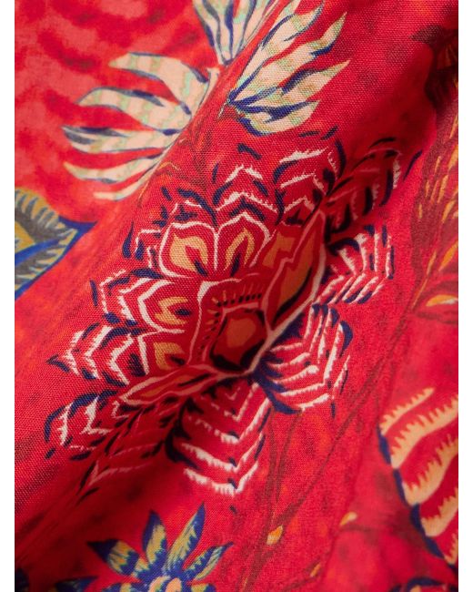 Ulla Johnson Red Sydney Pleated Printed Cotton-Poplin Peplum Top