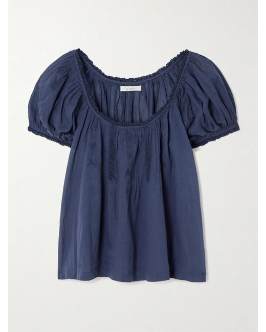 Doen Blue Frederica Lace-Trimmed Organic Cotton-Voile Blouse