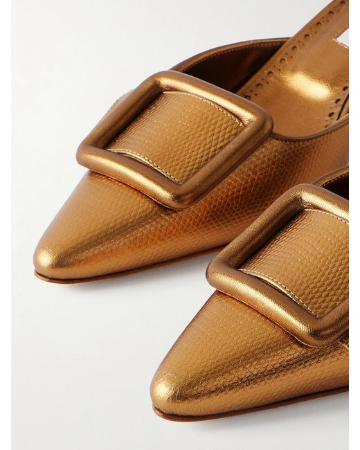 Manolo Blahnik Natural Maysalebi 50 Lizard-Effect Metallic-Leather Mules