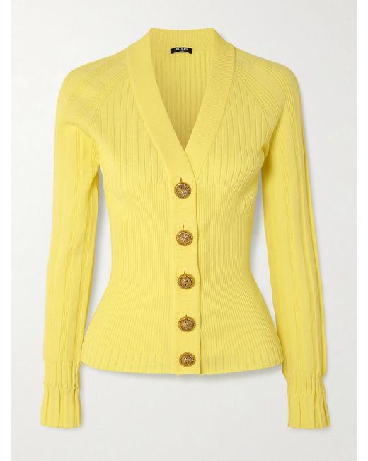 Balmain Yellow Ribbed-Knit Cardigan