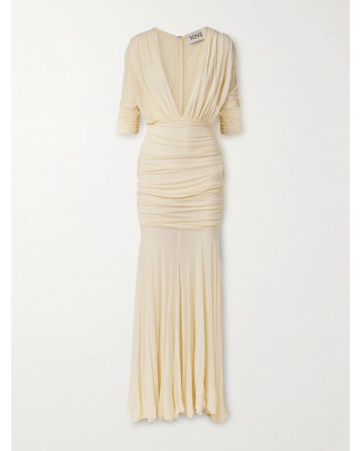 TOVE Natural Devi Draped Gathered Jersey Maxi Dress