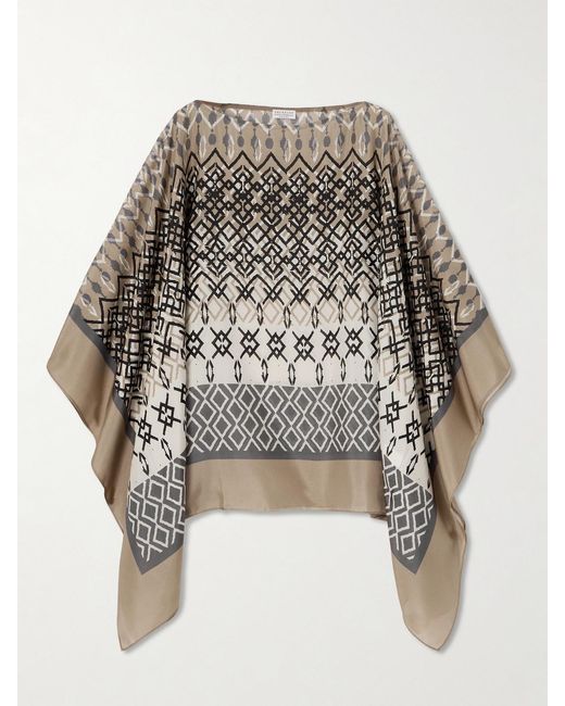 Brunello Cucinelli Natural Printed Silk-Voile Poncho
