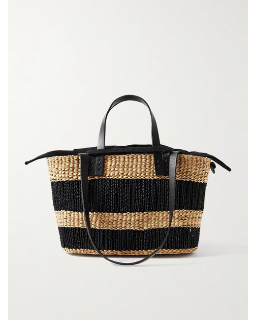Muuñ Black Marcus Leather-Trimmed Striped Woven Straw Tote