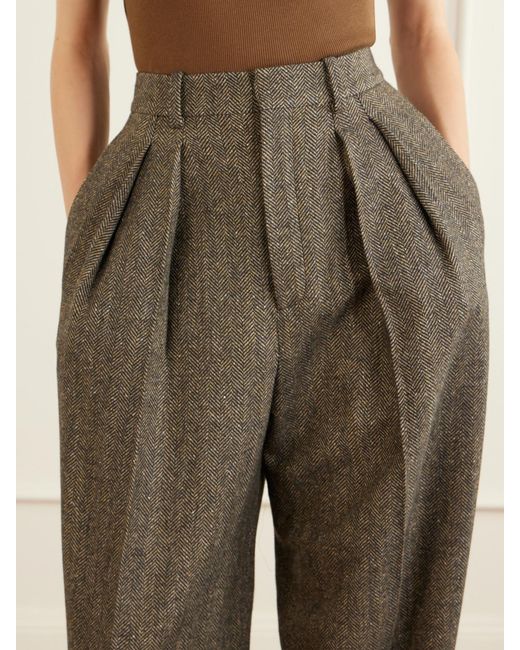 Saint Laurent Natural Pleated Herringbone Wool-Blend Straight-Leg Pants