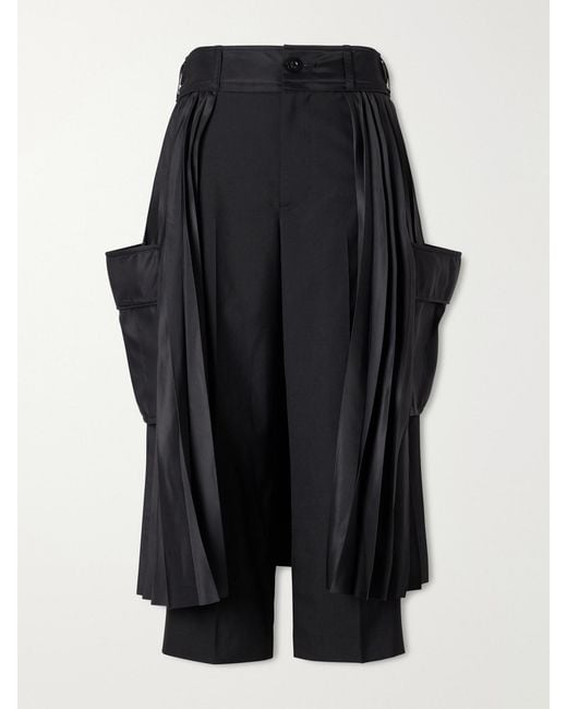 Sacai Black Pleated Twill Wide-Leg Shorts