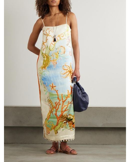 ALÉMAIS Metallic Sam Pauletto Emerald Cove Embellished Printed Hemp And Silk-Blend Midi Dress