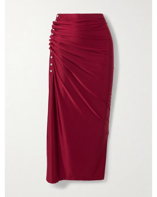 Rabanne Red Midirock Aus Glänzendem Jersey Mit Raffungen
