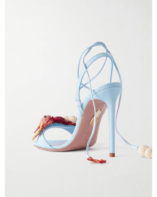Aquazzura Blue Marea 105 Sandalen Aus Raffiabast Mit Lederbesätzen Und Verzierungen