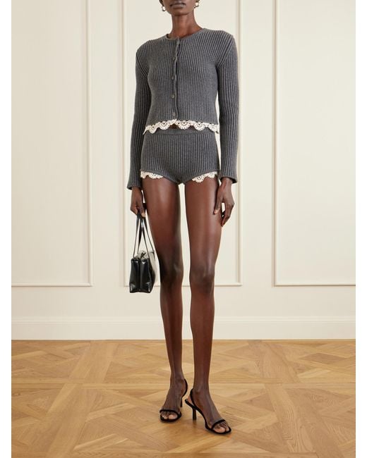 Magda Butrym Blue Cropped Lace-Trimmed Ribbed Wool Cardigan