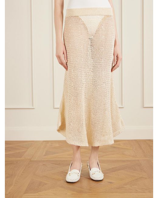 Khaite Natural Inaya Crocheted Cotton And Silk-Blend Midi Skirt