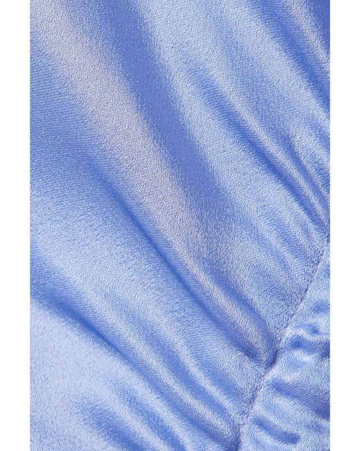 LAPOINTE Blue Feather-Trimmed Ruched Satin Gown