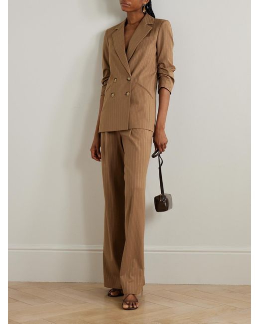 Veronica Beard Natural Rimini Pleated Pinstriped Woven Wide-Leg Pants