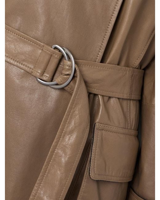 Brunello Cucinelli Natural Bead-Embellished Belted Double-Breasted Leather Trench Coat