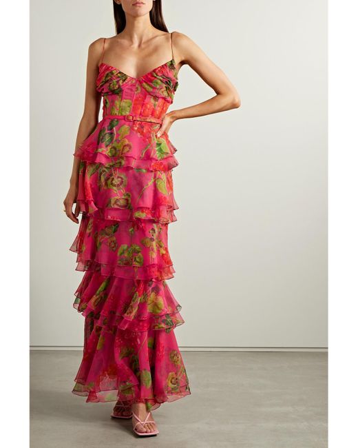 Oscar de la Renta Tiered Ruffled Floral-Print Silk-Chiffon Gown