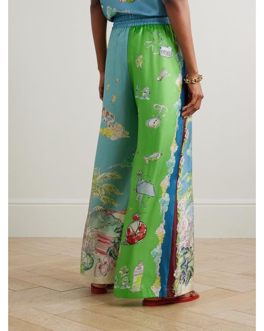 ALÉMAIS Green Anouk Colantoni Daria Embellished Printed Silk-Twill Wide-Leg Pants