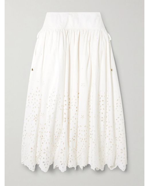 Self-Portrait White Embellished Tie-Detailed Broderie Anglaise Cotton Midi Skirt