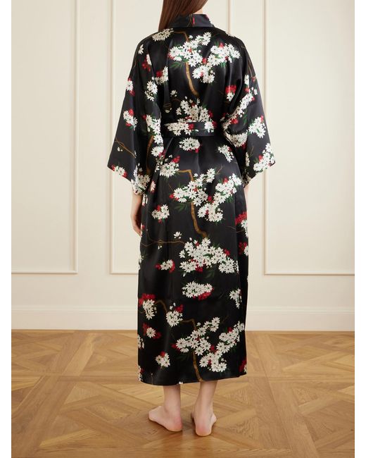 Olivia Von Halle Black Queenie Belted Floral-Printed Silk-Satin Robe