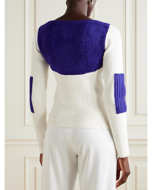 Tory Burch Blue Two-Tone Ribbed Silk-Blend Chenille Sweater