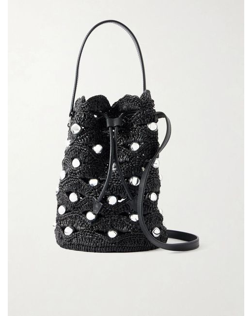 Rabanne White Embellished Leather-Trimmed Raffia Crossbody Bag