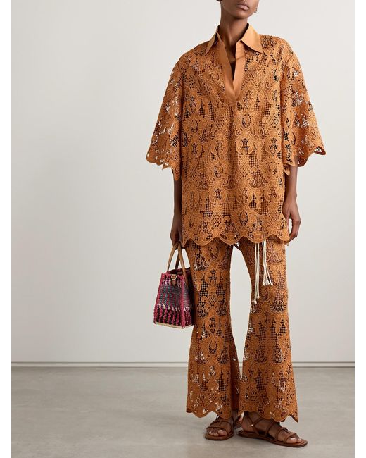 Zimmermann Brown Coco Oversized Poplin-Trimmed Guipure Lace Tunic
