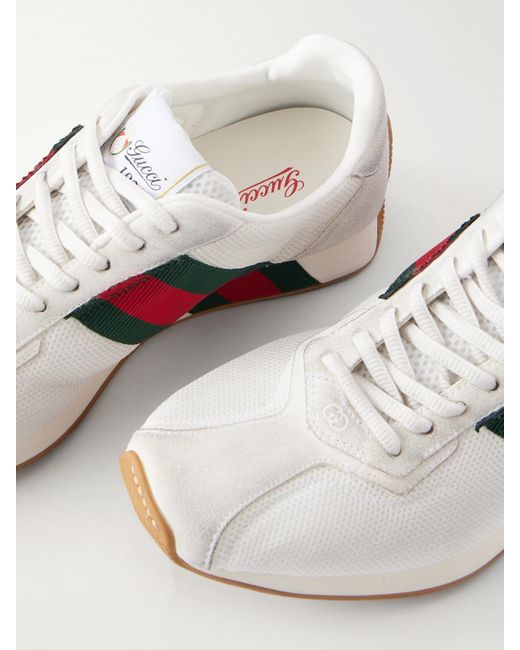 Gucci White Tempo Web-Detailed Suede-Trimmed Mesh Sneakers