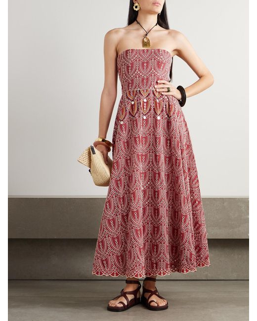 Johanna Ortiz Red Bengala Strapless Embellished Broderie Anglaise Maxi Dress