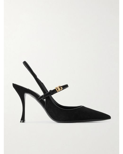 Dolce & Gabbana White Italian Tailoring Leather-Trimmed Suede Slingback Pumps