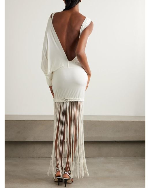 Faithfull The Brand White Colmar One-Sleeve Fringed Draped Stretch-Jersey Dress
